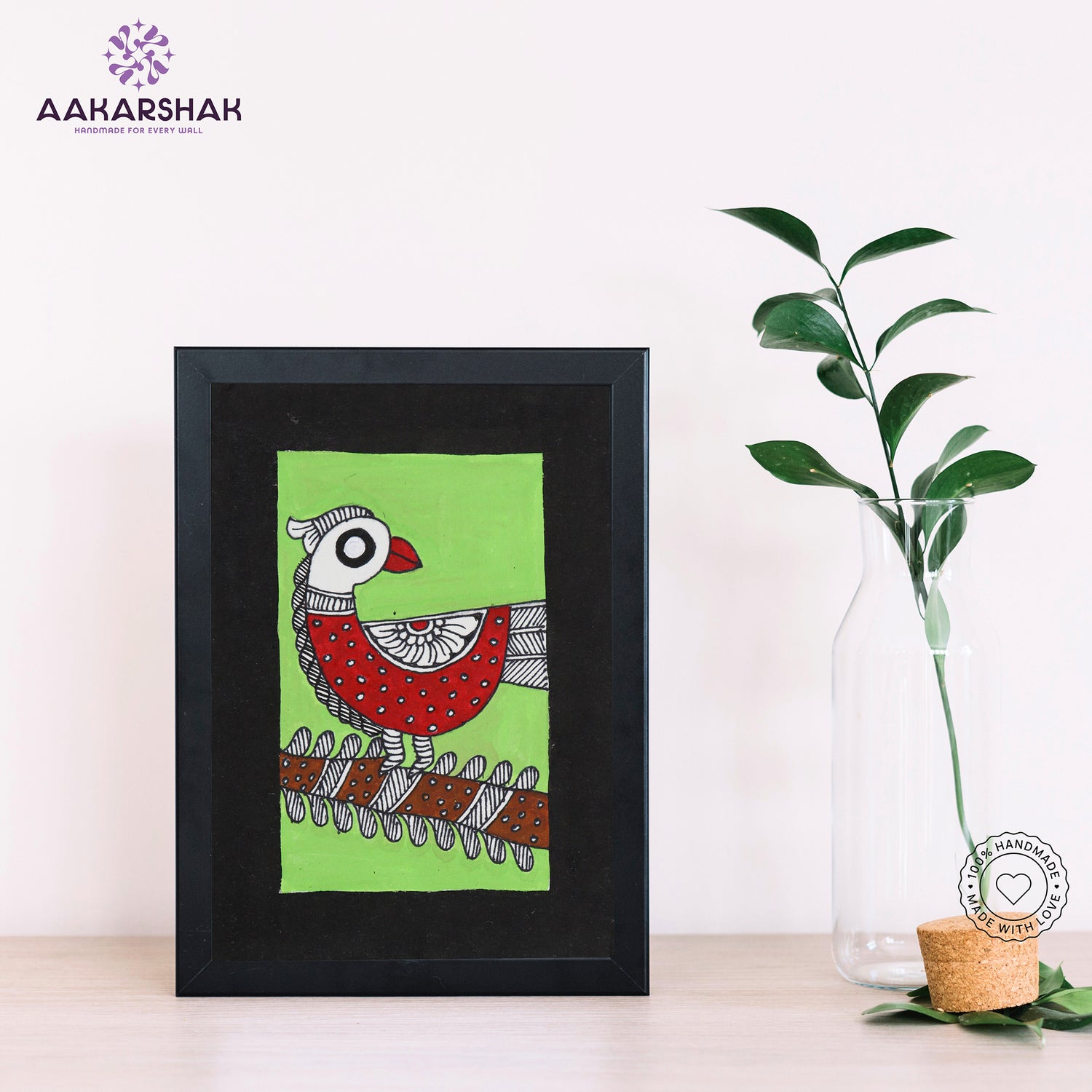 Handmade Madhubani peacock painting-with tabletop stand for home decor
