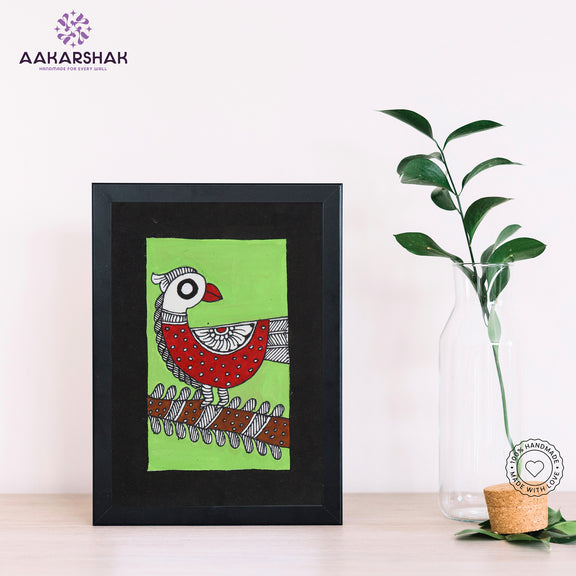 Handmade Madhubani peacock painting-with tabletop stand for home decor

