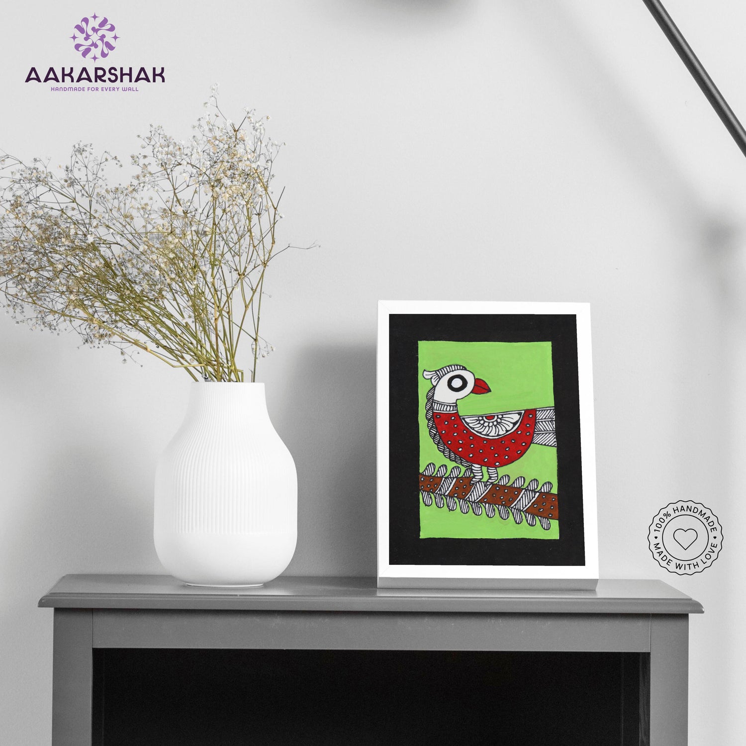 Handmade Madhubani peacock painting-with tabletop stand for home decor
