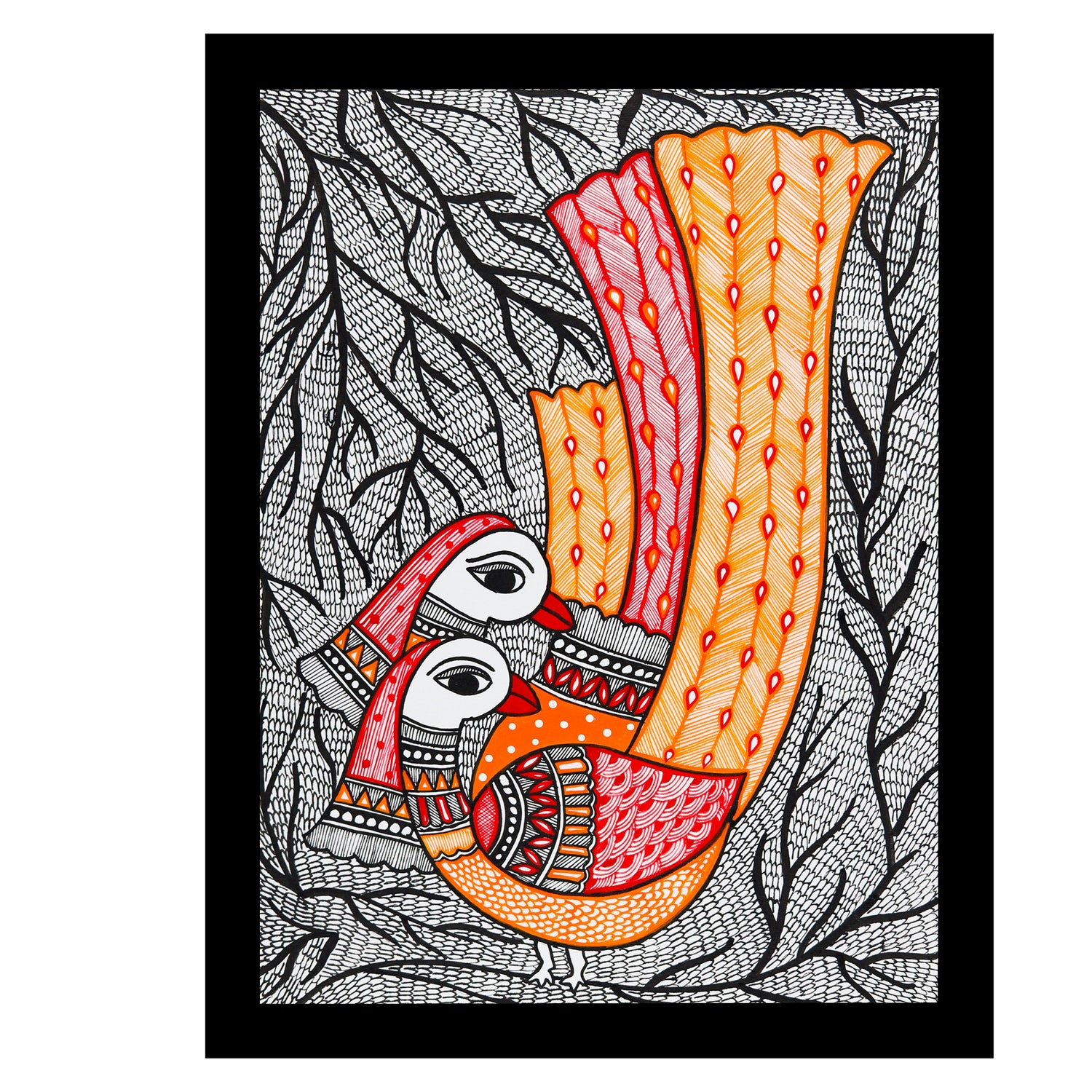 Framed artwork of a colorful peacock -with handmade madhubani painting 