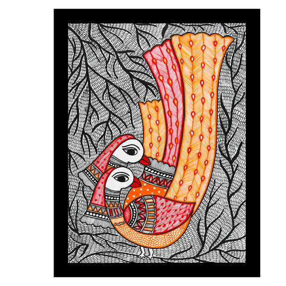 Framed artwork of a colorful peacock -with handmade madhubani painting 
