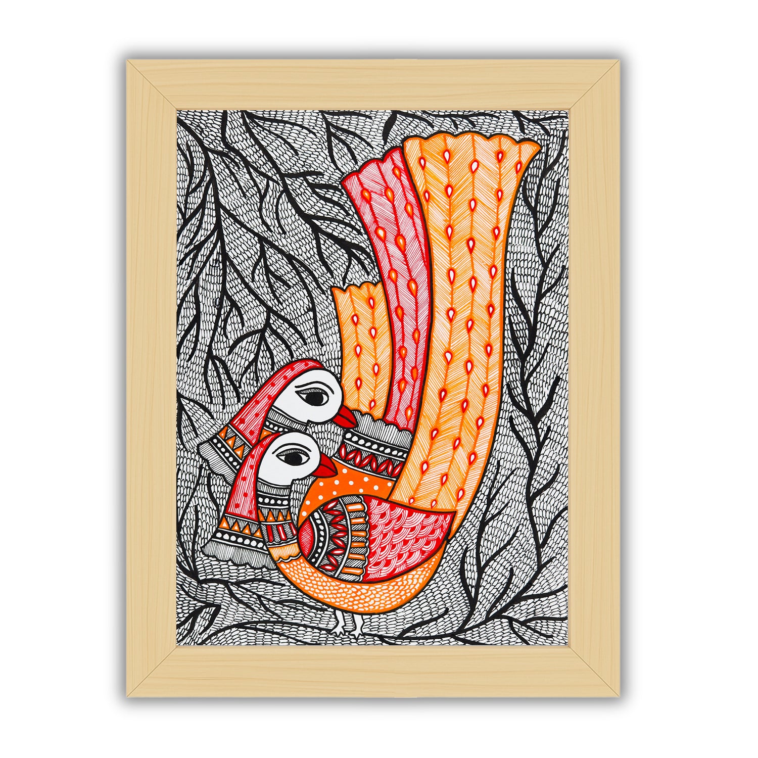 Framed artwork of a colorful peacock -with handmade madhubani painting 
