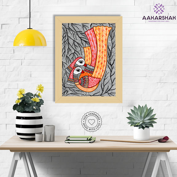 Framed artwork with peacock design -handmade madhubani painting for home decor