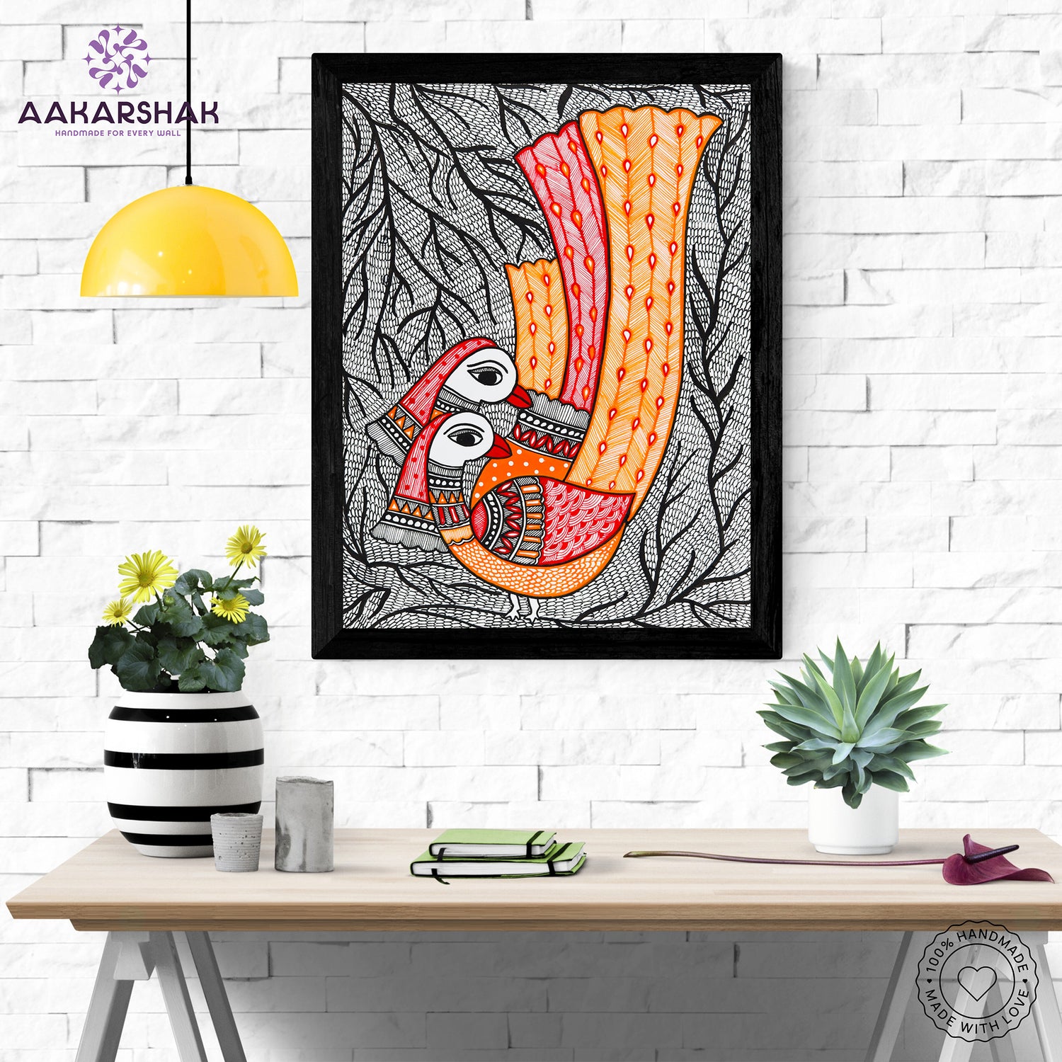Framed artwork with peacock design -handmade madhubani painting for home decor