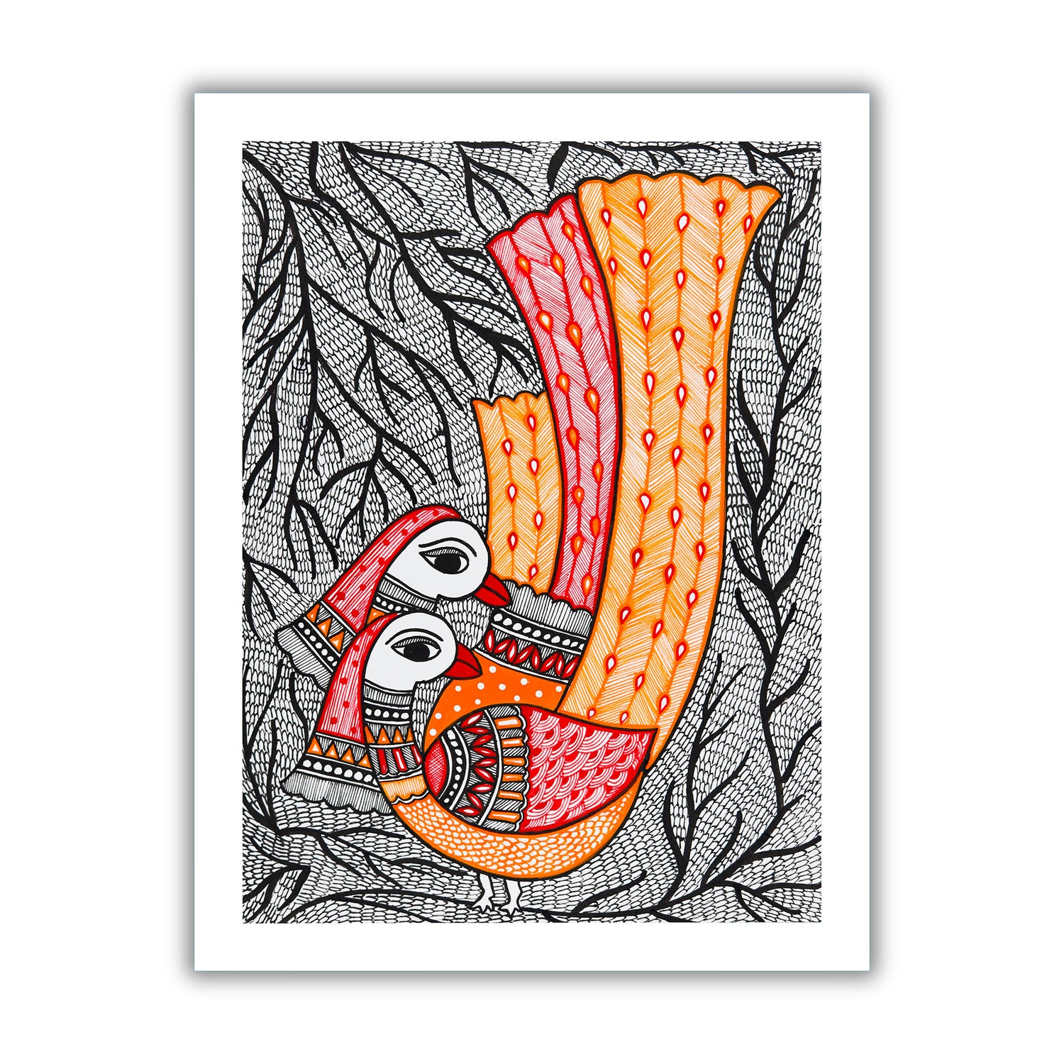 Framed artwork of a colorful peacock -with handmade madhubani painting 