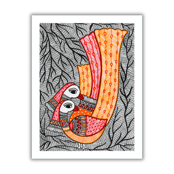 Framed artwork of a colorful peacock -with handmade madhubani painting 