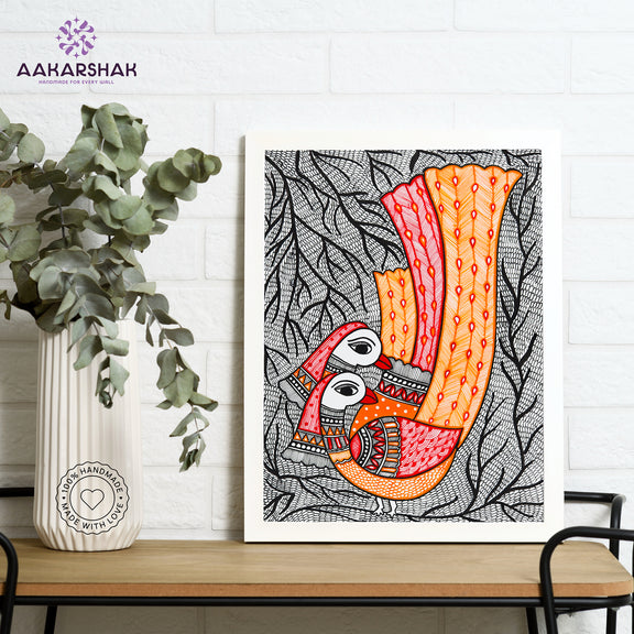 Framed artwork with peacock design -handmade madhubani painting for home decor