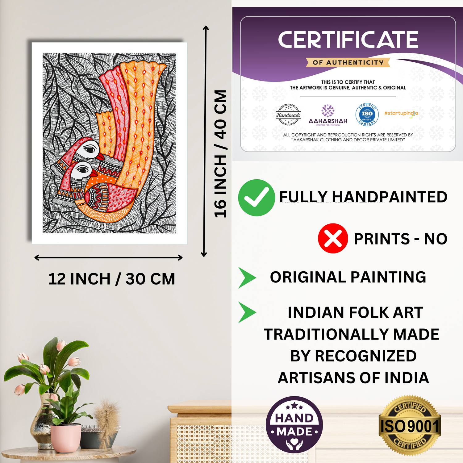 Framed artwork with dimensions, authenticity certificate and handmade iso certified-peacock madhubani painting