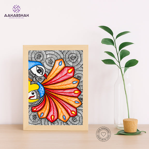 Handmade Madhubani peacock painting-with tabletop stand for home decor
