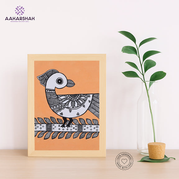 Handmade Madhubani peacock painting-with tabletop stand for home decor
