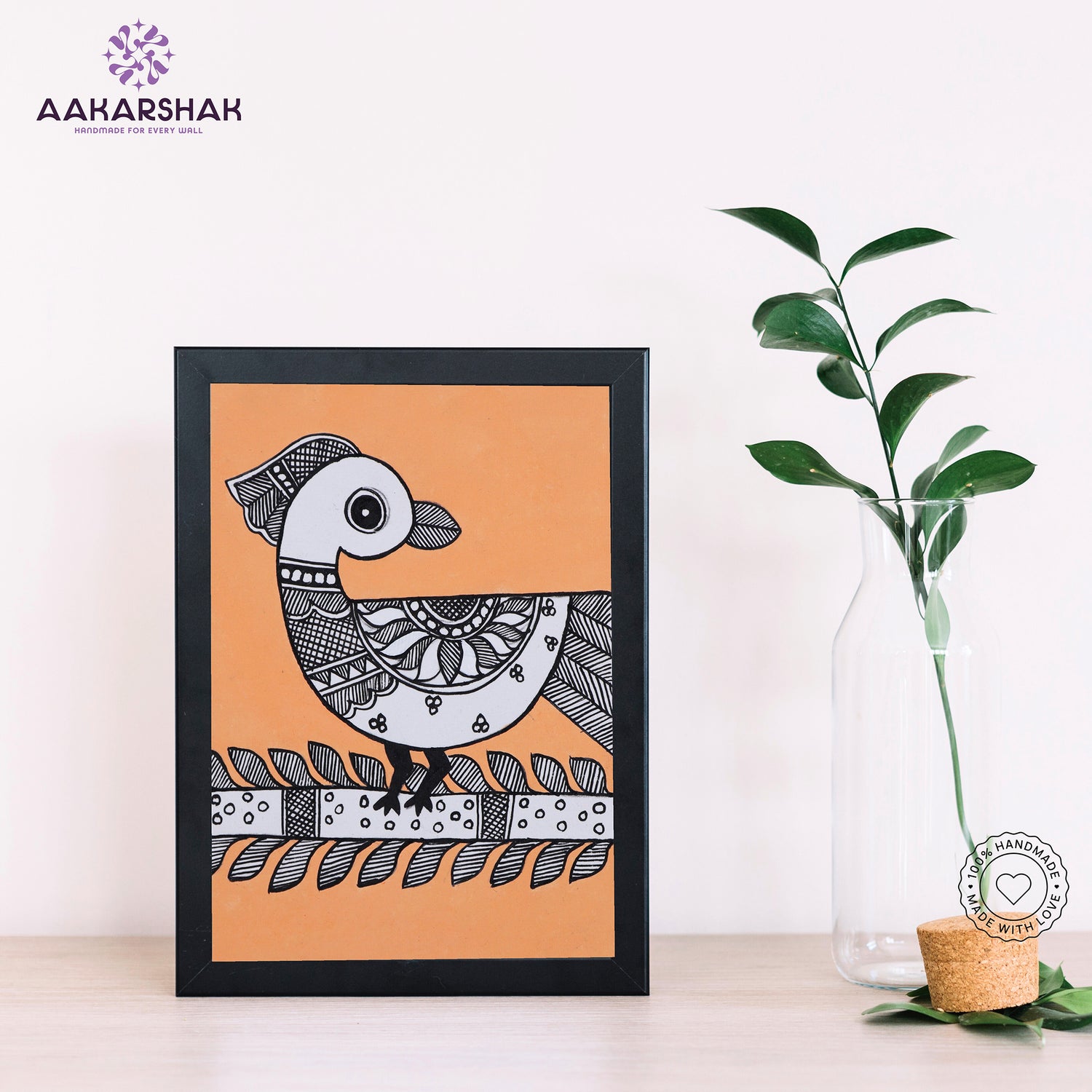 Handmade Madhubani peacock painting-with tabletop stand for home decor
