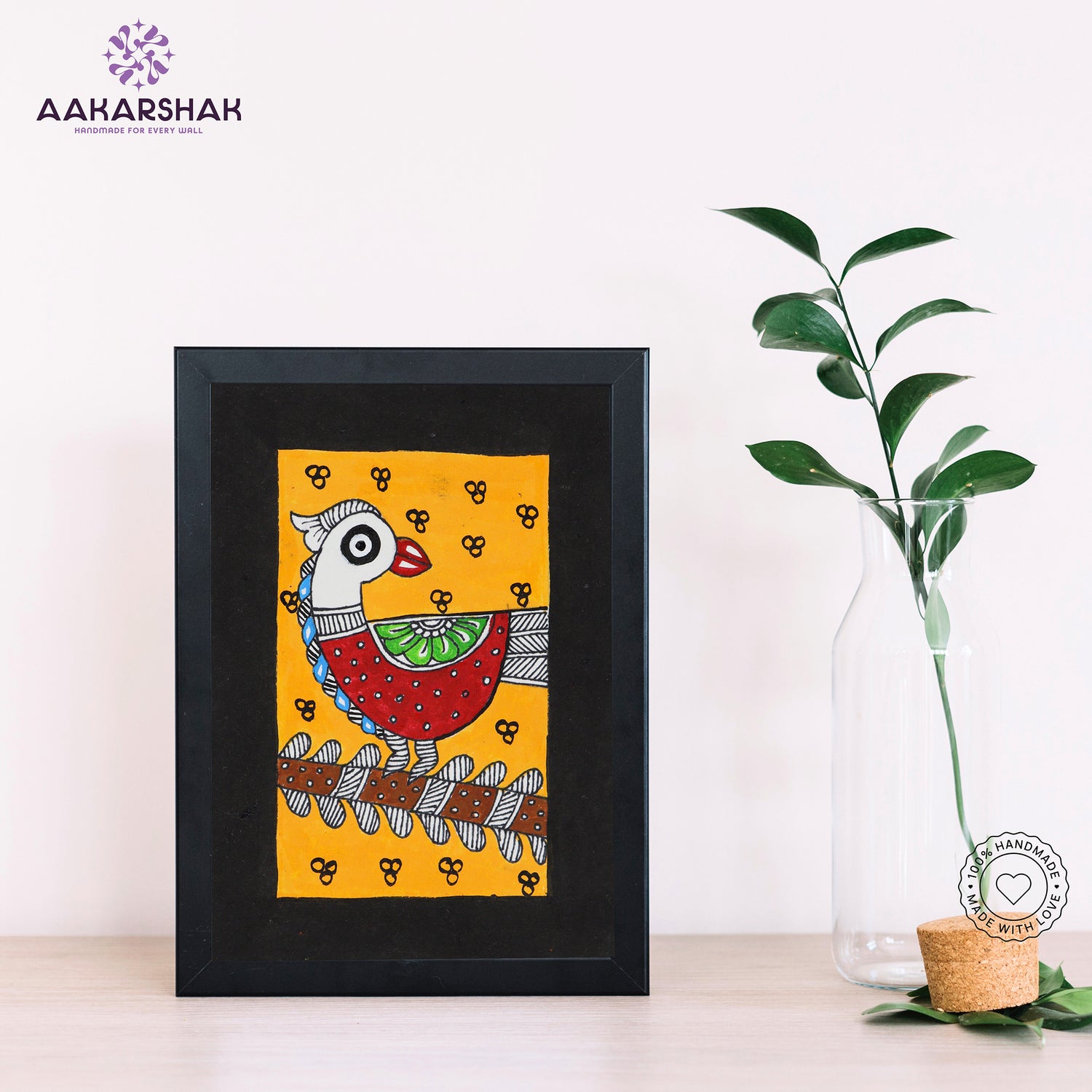 Handmade Madhubani peacock painting-with tabletop stand for home decor
