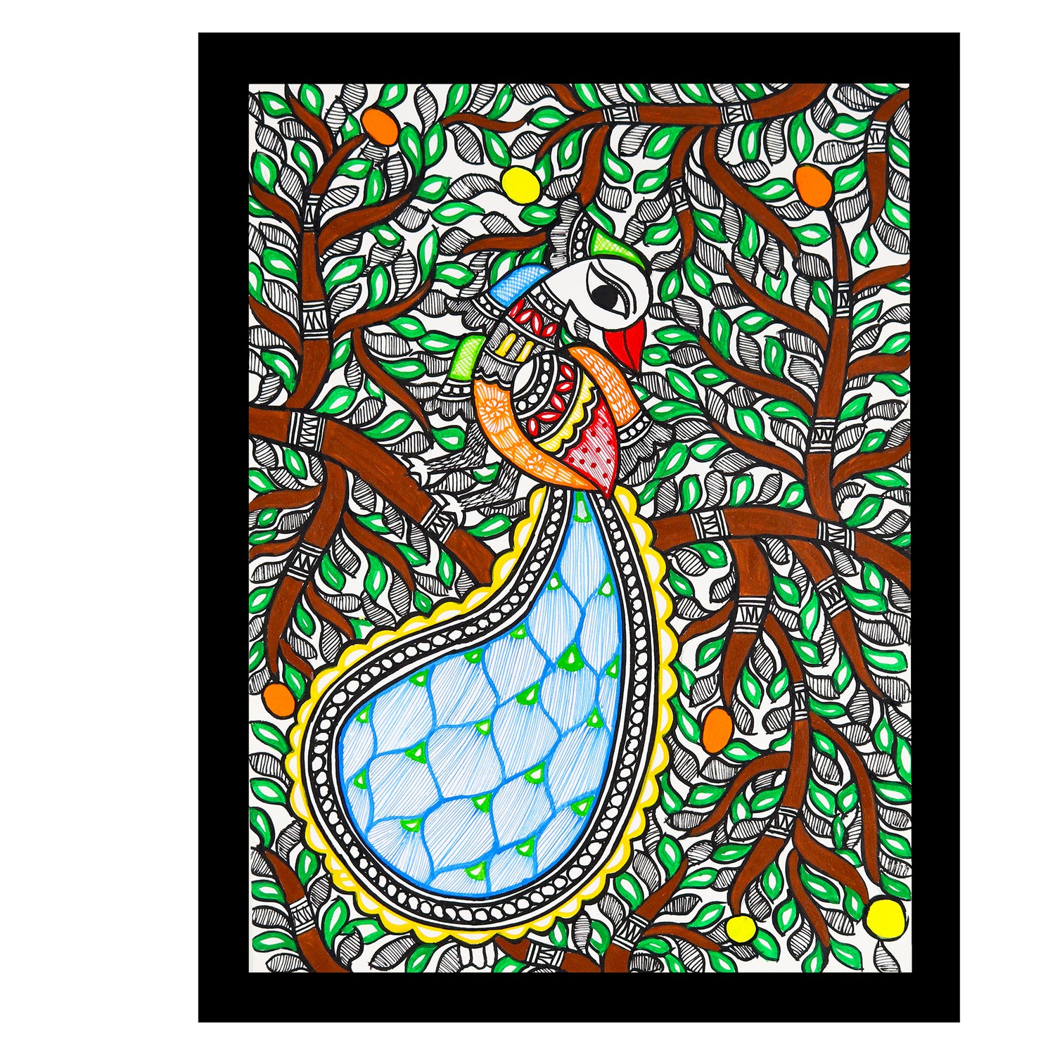 Framed artwork of a colorful peacock -with handmade madhubani painting 