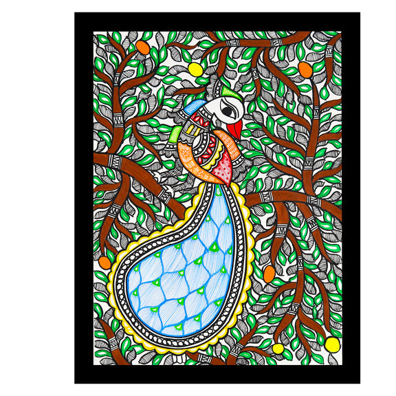 Framed artwork of a colorful peacock -with handmade madhubani painting 