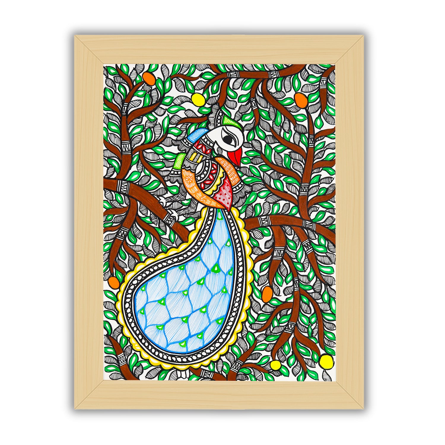 Framed artwork of a colorful peacock -with handmade madhubani painting 