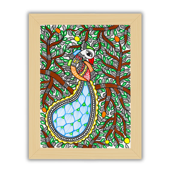 Framed artwork of a colorful peacock -with handmade madhubani painting 