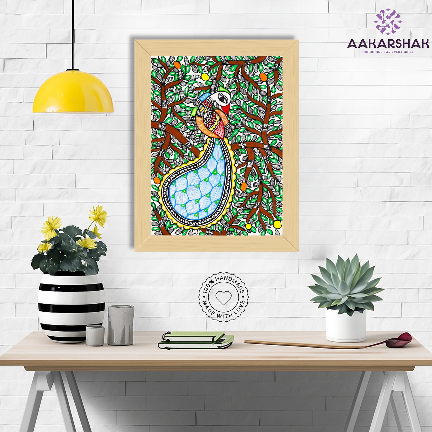 Framed artwork with peacock design -handmade madhubani painting for home decor