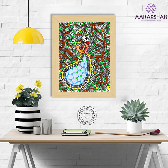 Framed artwork with peacock design -handmade madhubani painting for home decor