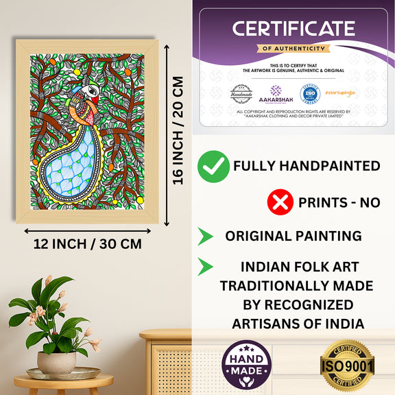 Framed artwork with dimensions, authenticity certificate and handmade iso certified-peacock madhubani painting