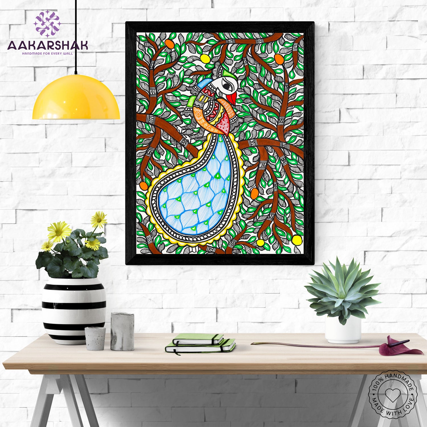 Framed artwork with peacock design -handmade madhubani painting for home decor