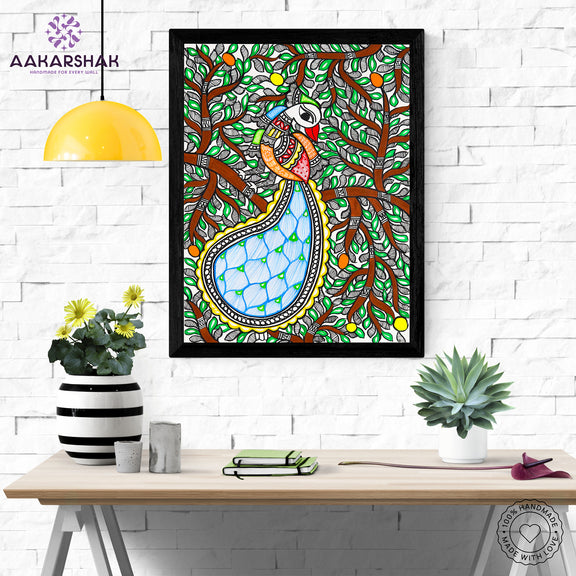 Framed artwork with peacock design -handmade madhubani painting for home decor