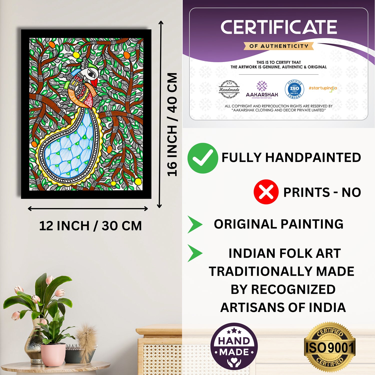 Framed artwork with dimensions, authenticity certificate and handmade iso certified-peacock madhubani painting