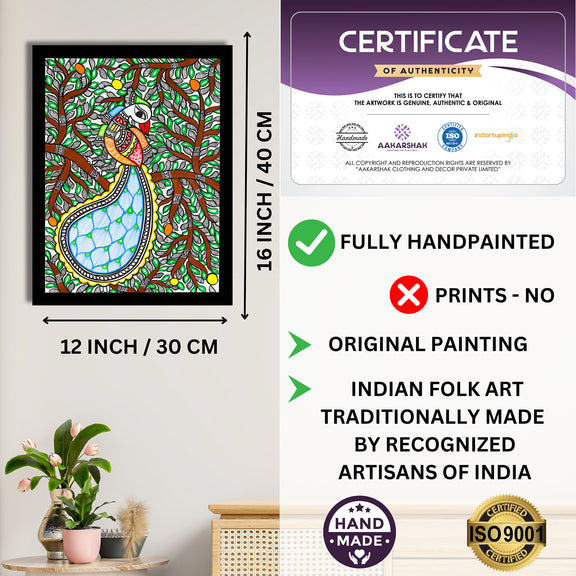 Framed artwork with dimensions, authenticity certificate and handmade iso certified-peacock madhubani painting