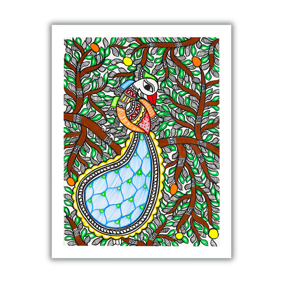 Framed artwork of a colorful peacock -with handmade madhubani painting 