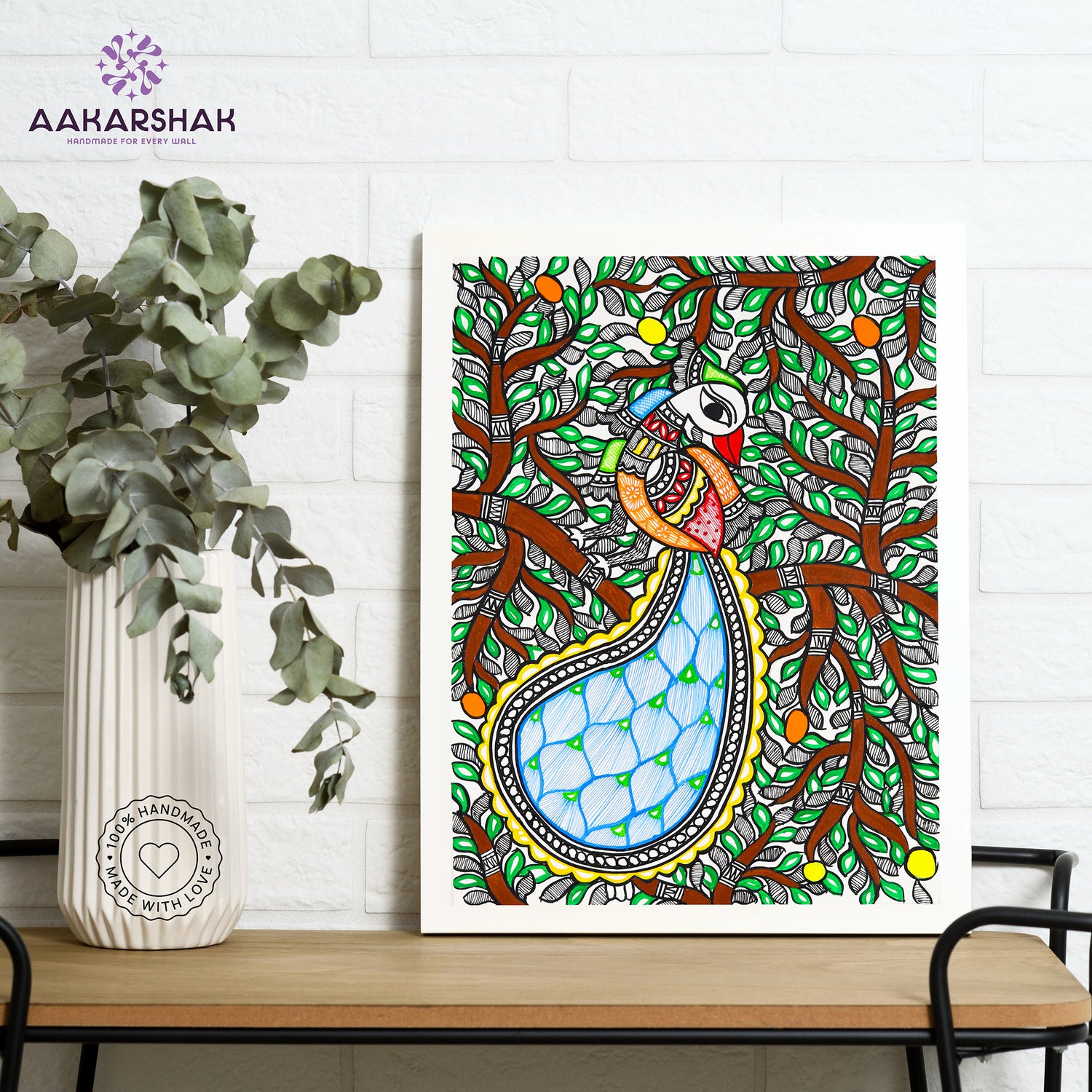 Framed artwork with peacock design -handmade madhubani painting for home decor