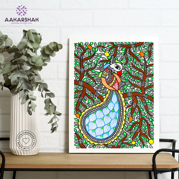 Framed artwork with peacock design -handmade madhubani painting for home decor