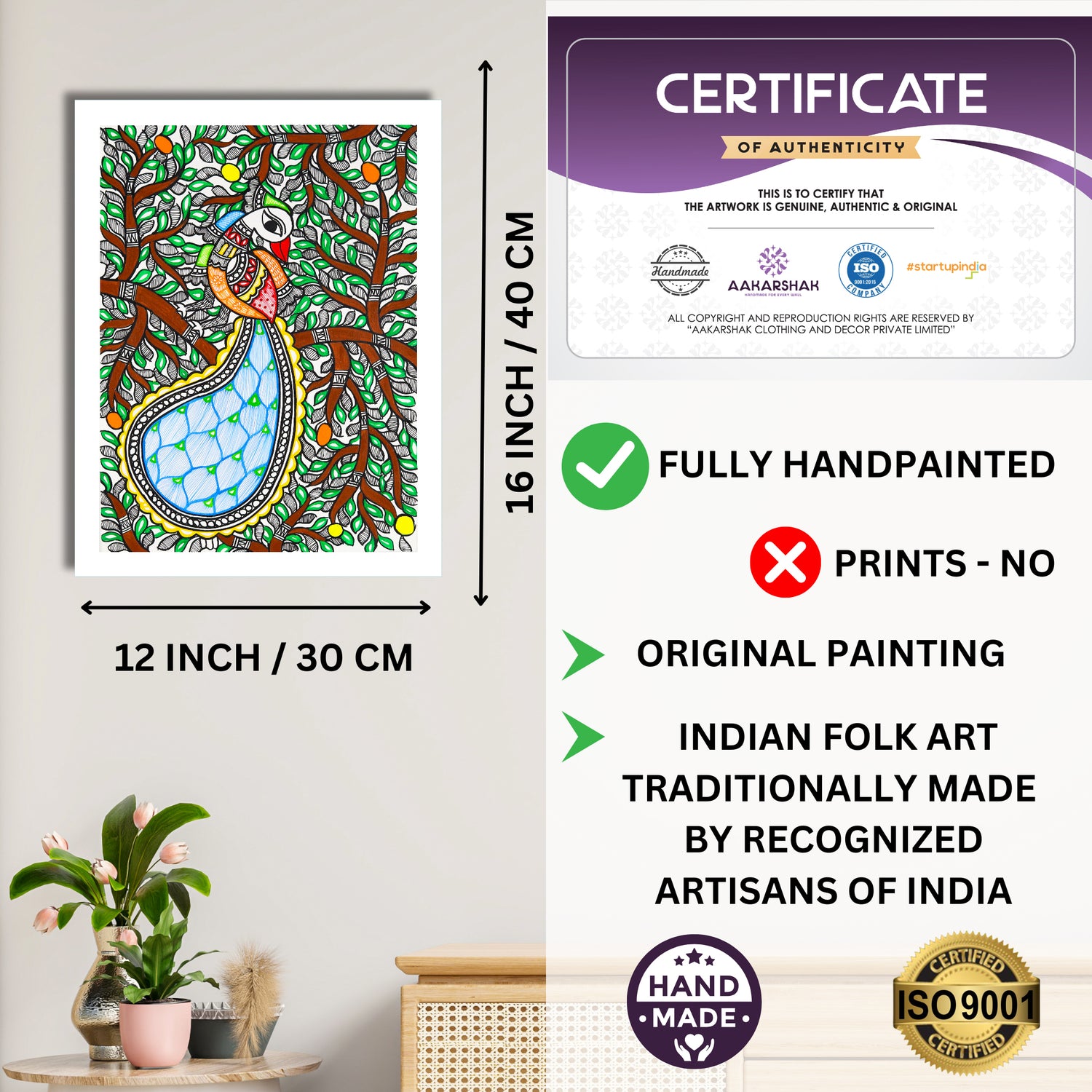 Framed artwork with dimensions, authenticity certificate and handmade iso certified-peacock madhubani painting