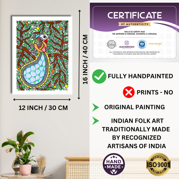 Framed artwork with dimensions, authenticity certificate and handmade iso certified-peacock madhubani painting