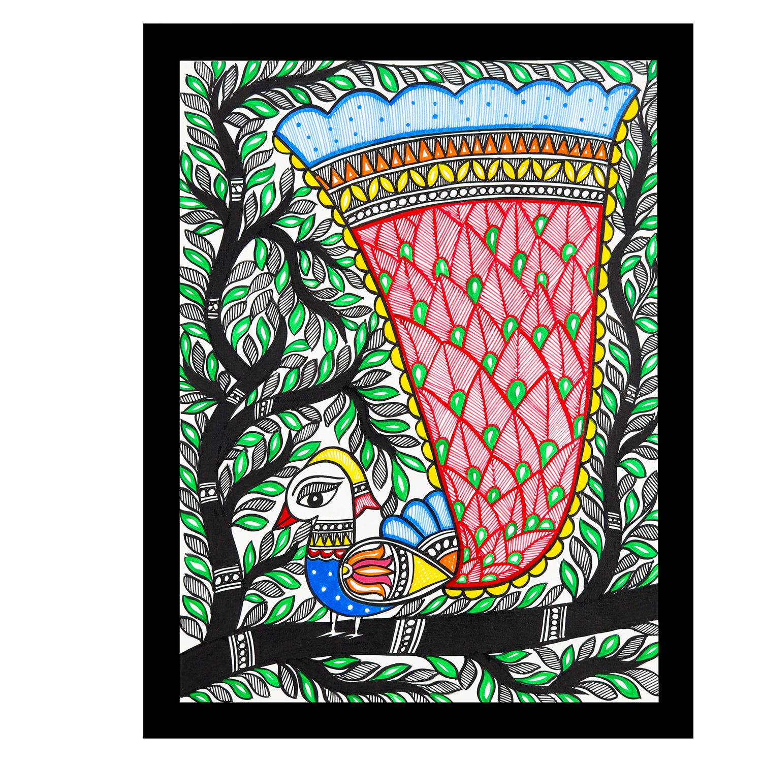 Framed artwork of a colorful peacock -with handmade madhubani painting 