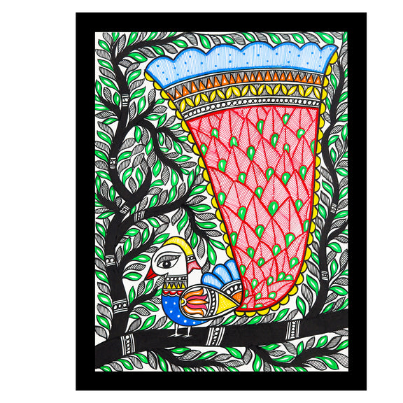 Framed artwork of a colorful peacock -with handmade madhubani painting 