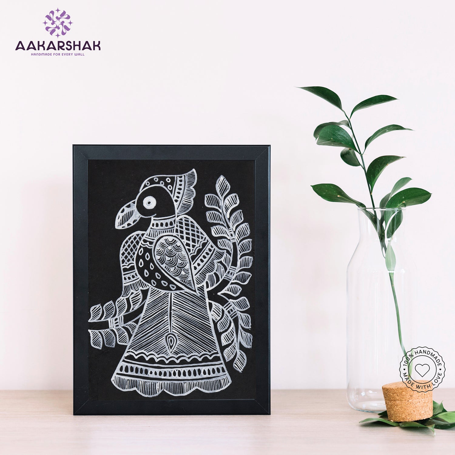 Handmade Madhubani peacock painting-with tabletop stand for home decor
