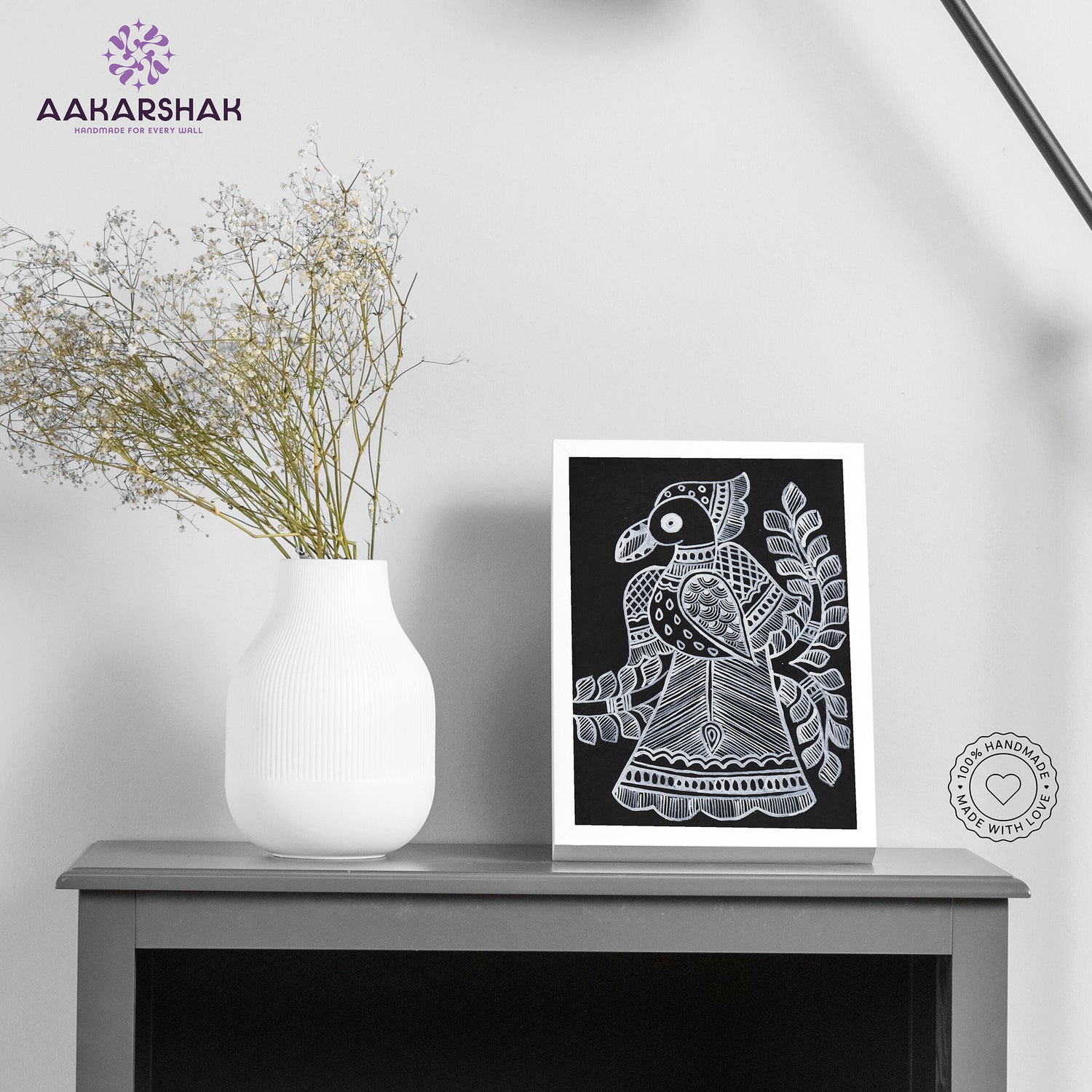 Handmade Madhubani peacock painting-with tabletop stand for home decor
