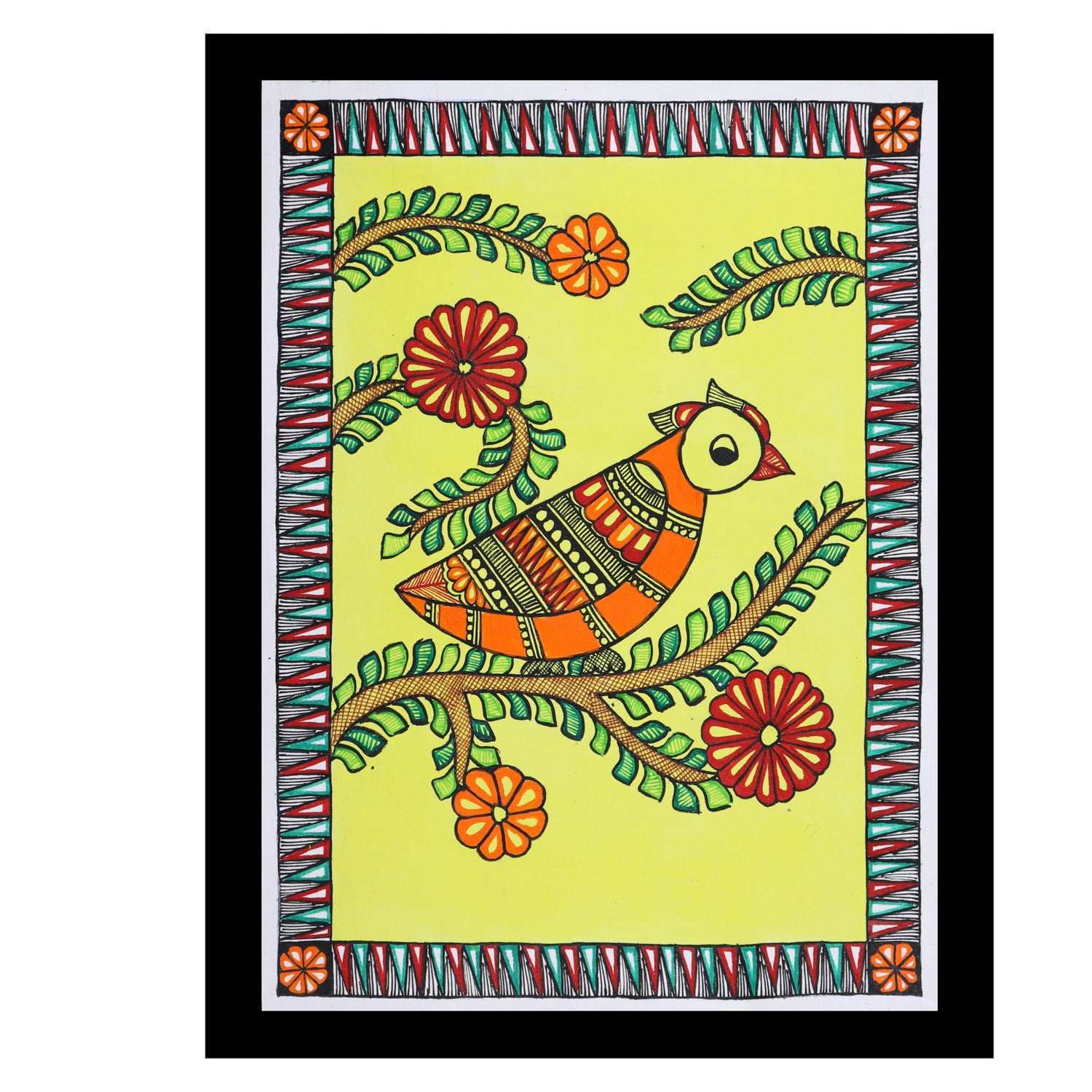 Framed artwork of a colorful peacock-with handmade madhubani painting 