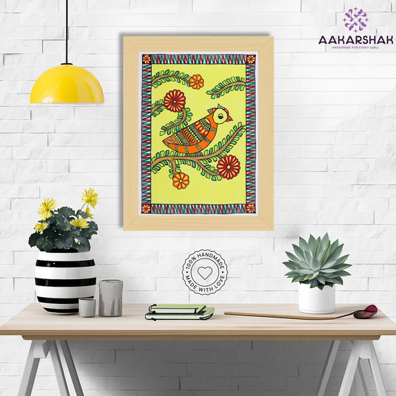 Framed artwork with peacock design -handmade madhubani painting for home decor