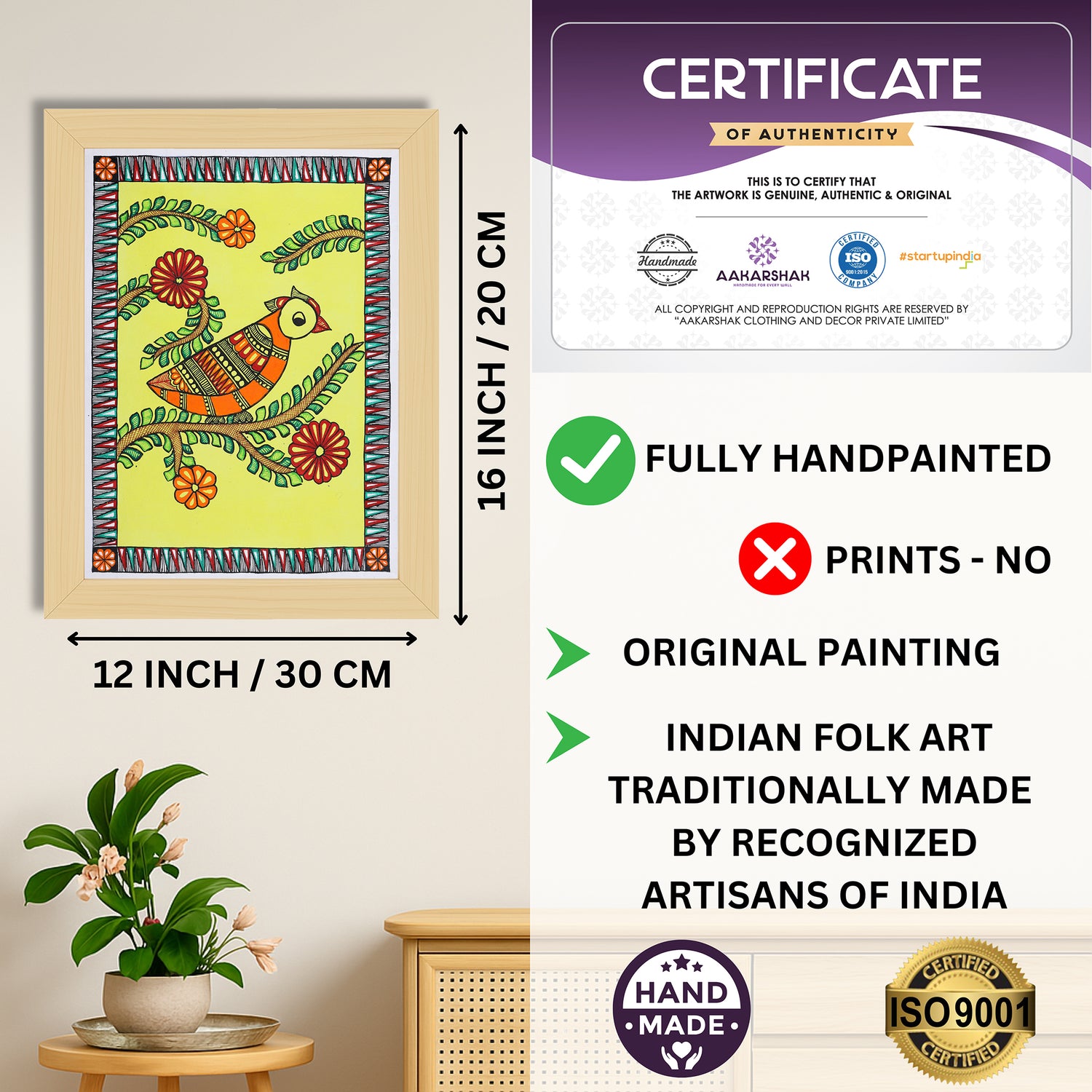 Framed artwork with dimensions, authenticity certificate and handmade iso certified-peacock madhubani painting