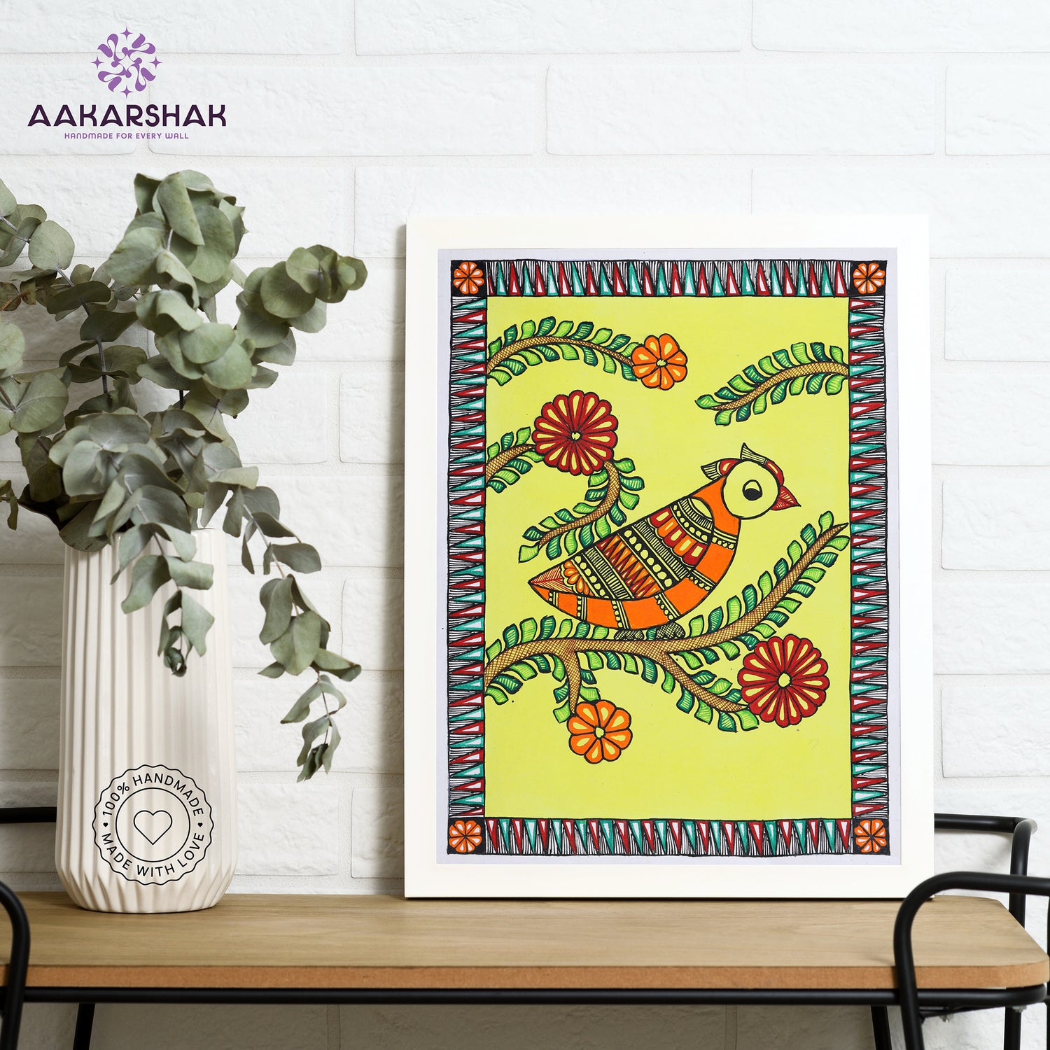 Framed artwork with peacock design -handmade madhubani painting for home decor