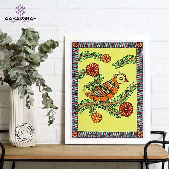 Framed artwork with peacock design -handmade madhubani painting for home decor