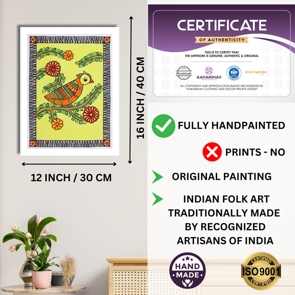 Framed artwork with dimensions, authenticity certificate and handmade iso certified-peacock madhubani painting