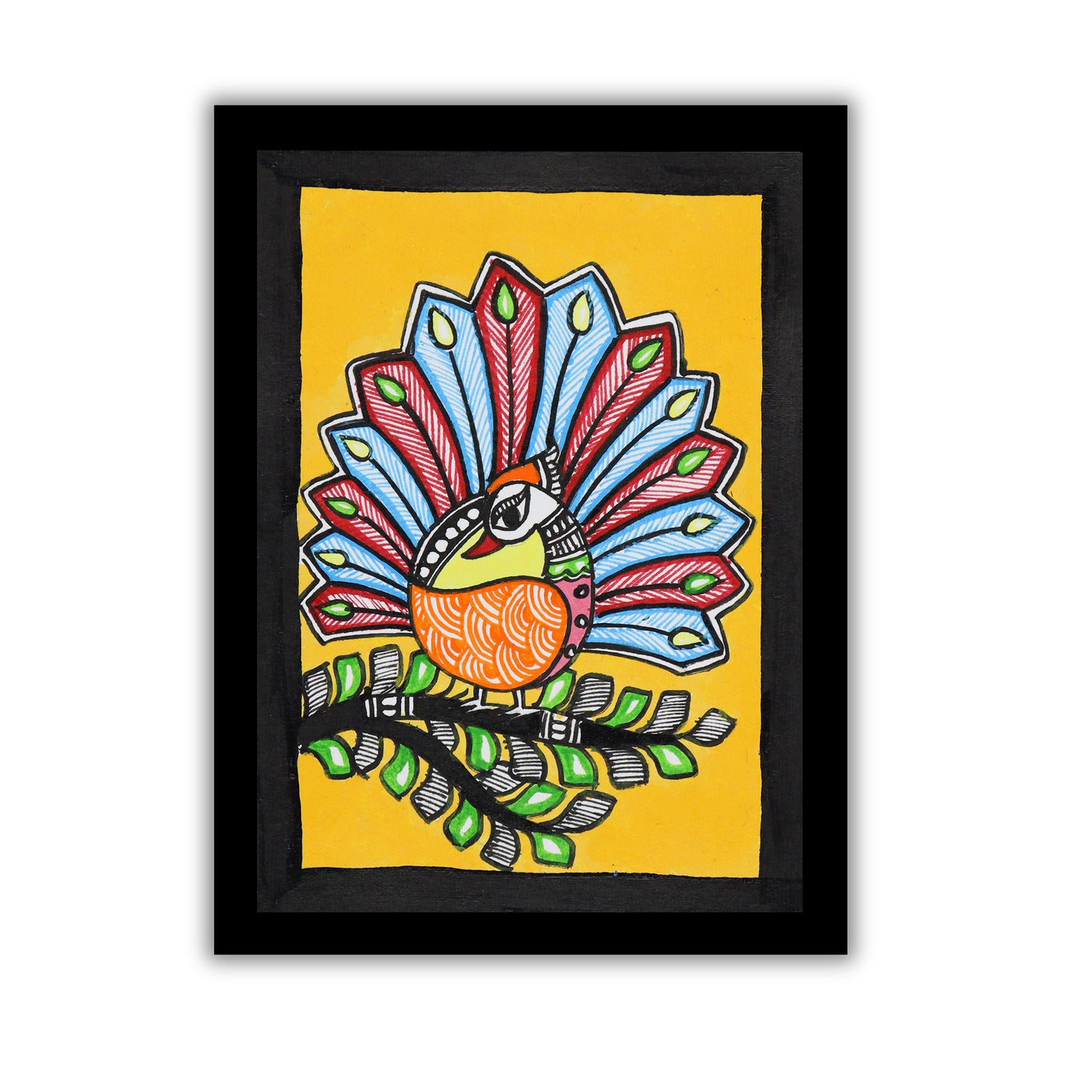 handmade madhubani painting peacock-in vibrant traditional folk art style
