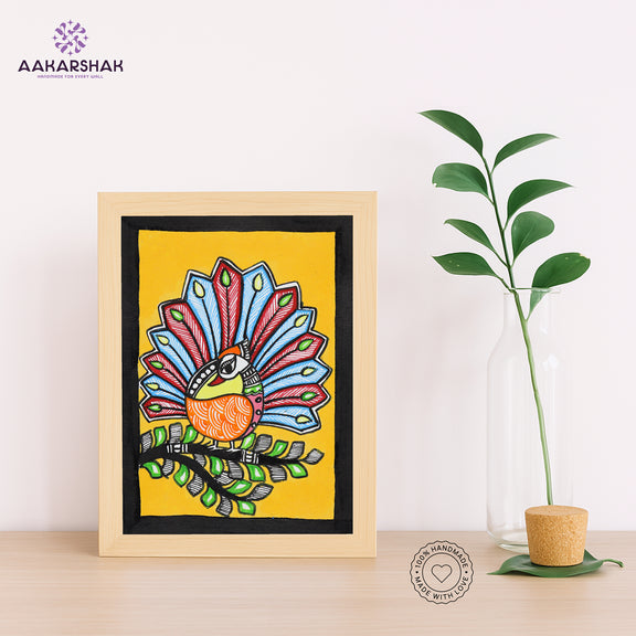 Handmade Madhubani peacock painting-with tabletop stand for home decor

