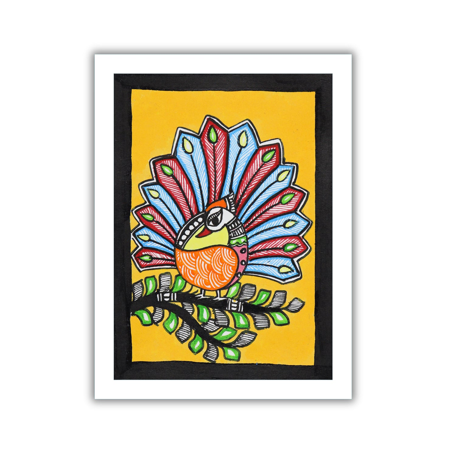 handmade madhubani painting peacock-in vibrant traditional folk art style
