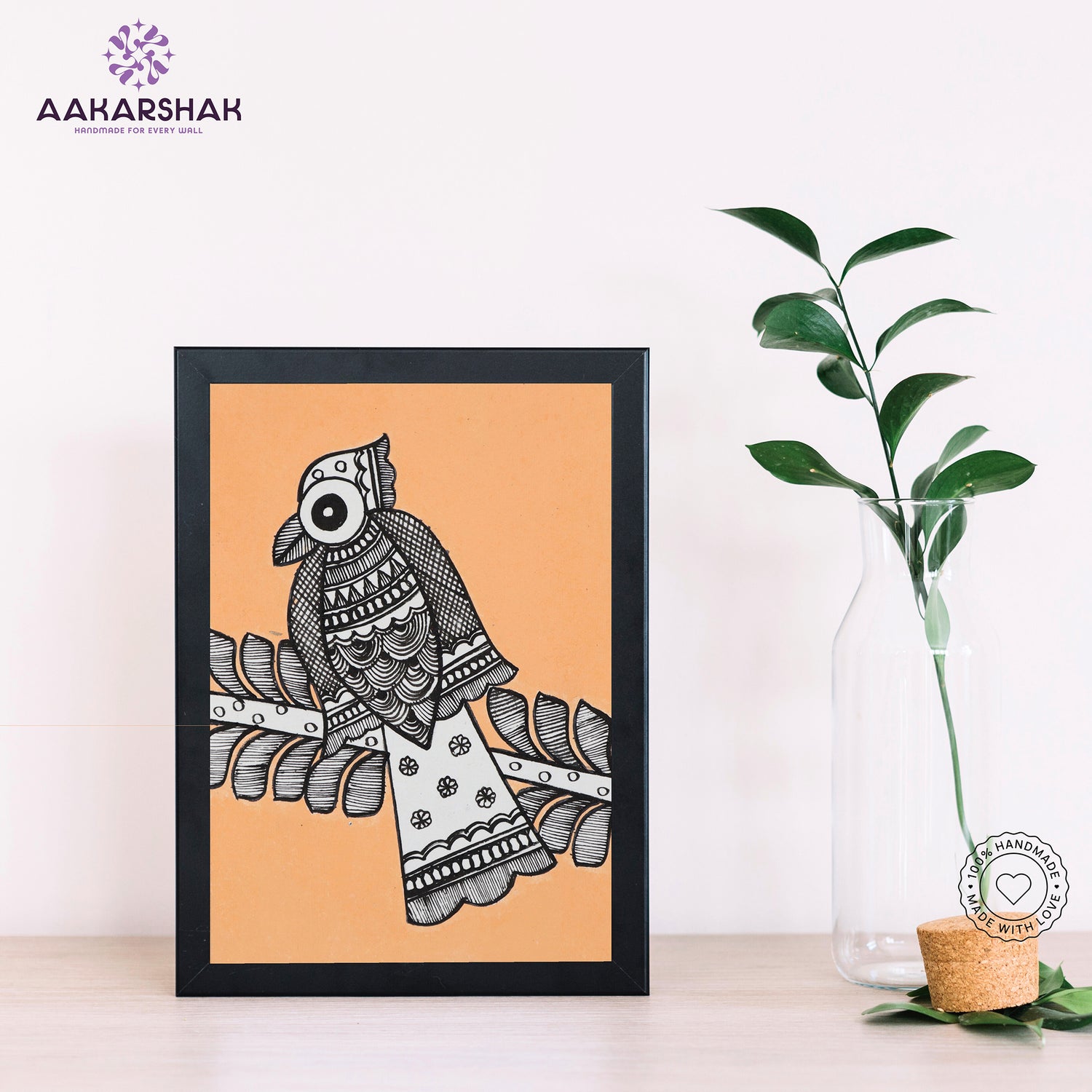 Handmade Madhubani peacock painting-with tabletop stand for home decor
