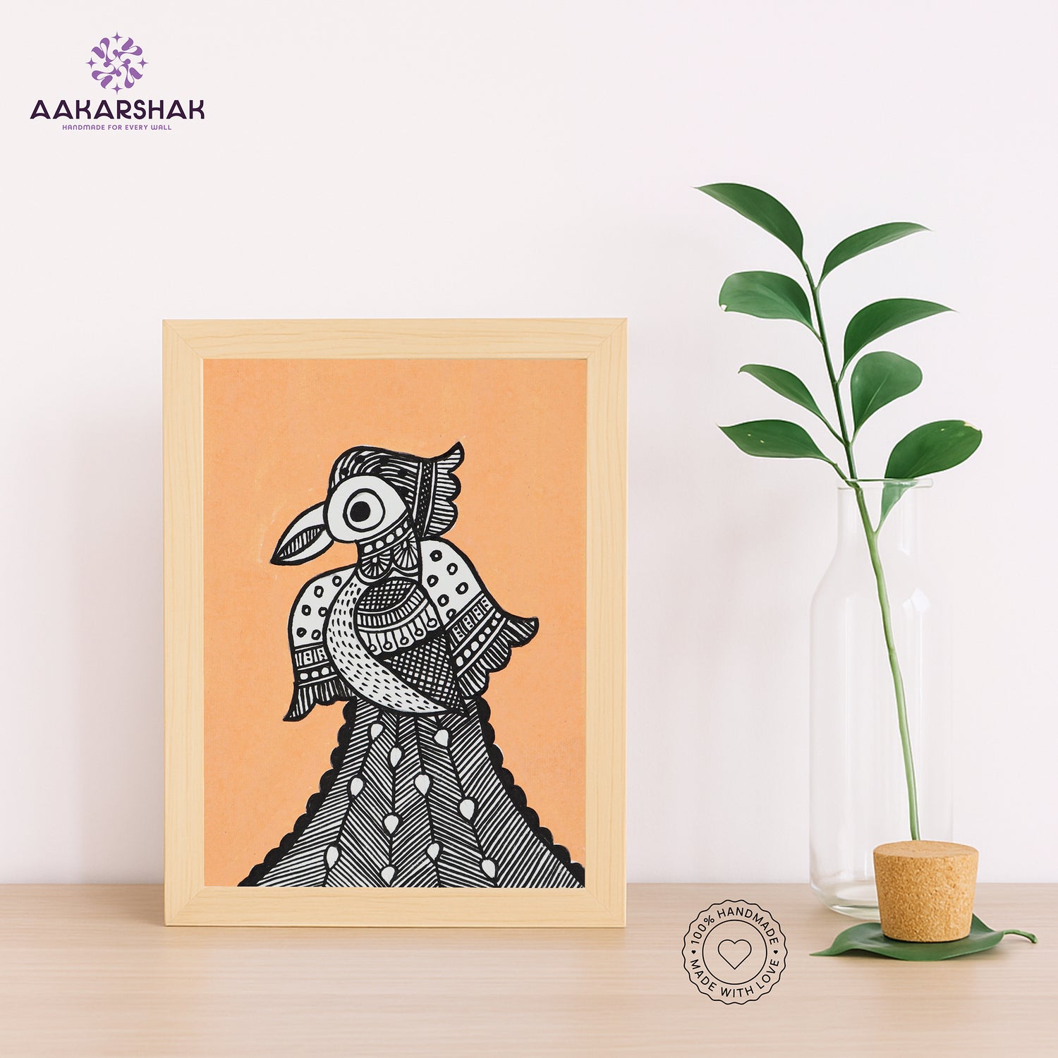 Handmade Madhubani peacock painting-with tabletop stand for home decor
