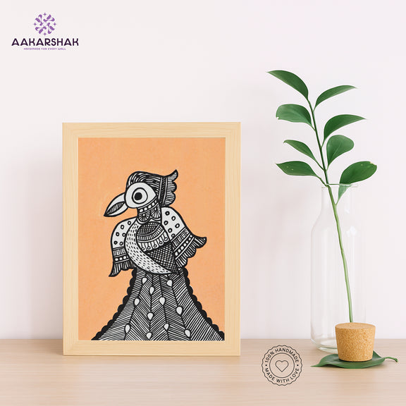 Handmade Madhubani peacock painting-with tabletop stand for home decor
