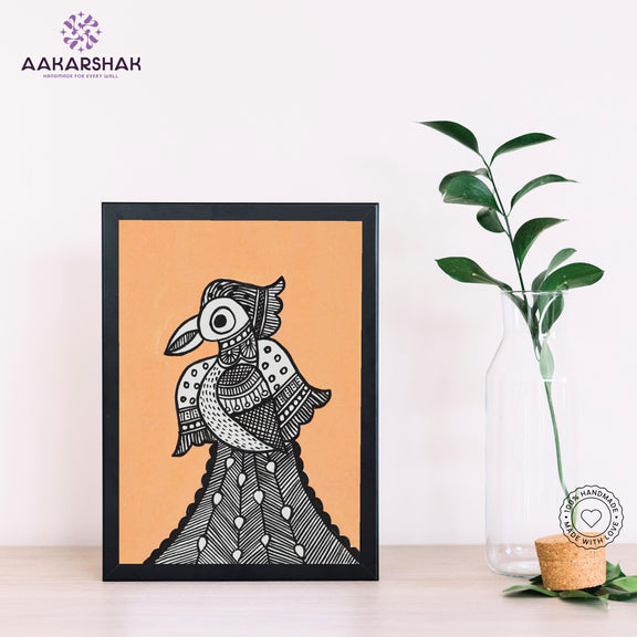 Handmade Madhubani peacock painting-with tabletop stand for home decor
