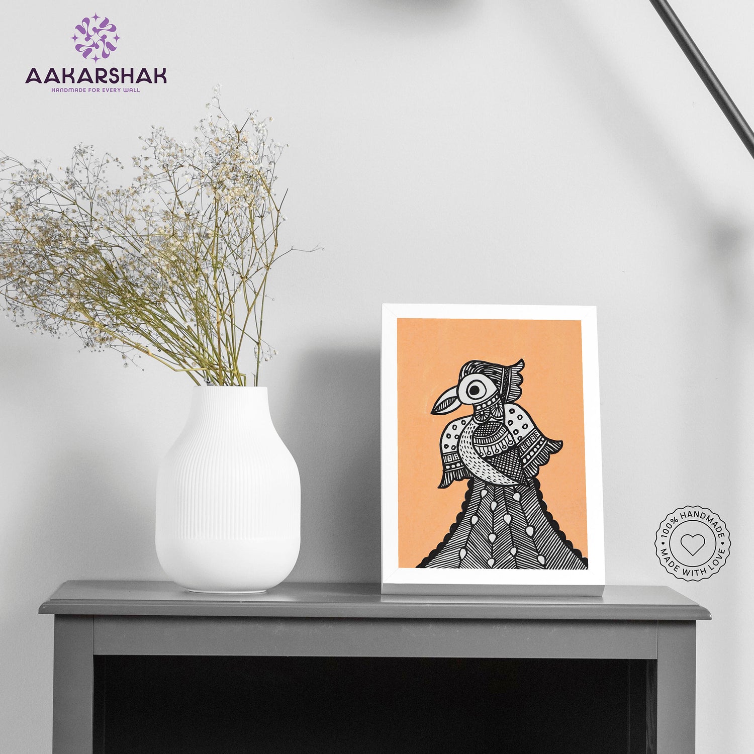 Handmade Madhubani peacock painting-with tabletop stand for home decor
